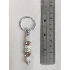 Beaded Keychain, Bag Charm, Accessory - Brown, White, Bling, Handmade
